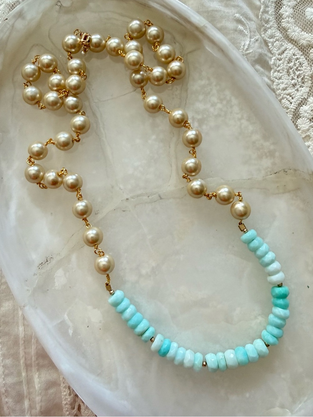 Gold Plated Faux Pearl Chain Necklace with Genuine Peruvian Opal Necklace